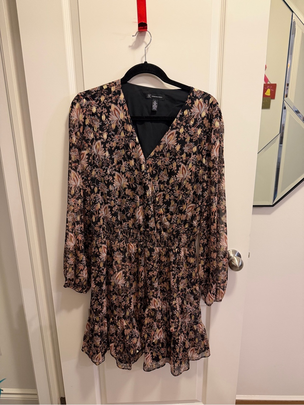 Floral V-Neck Long Sleeve Dress - Black & Brown